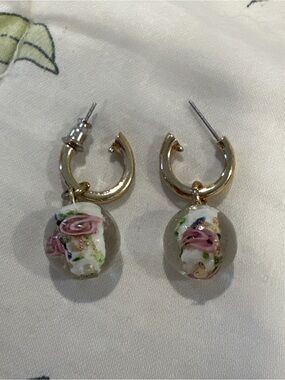 Gold Hoop Earrings with Pink Floral Glass Drop